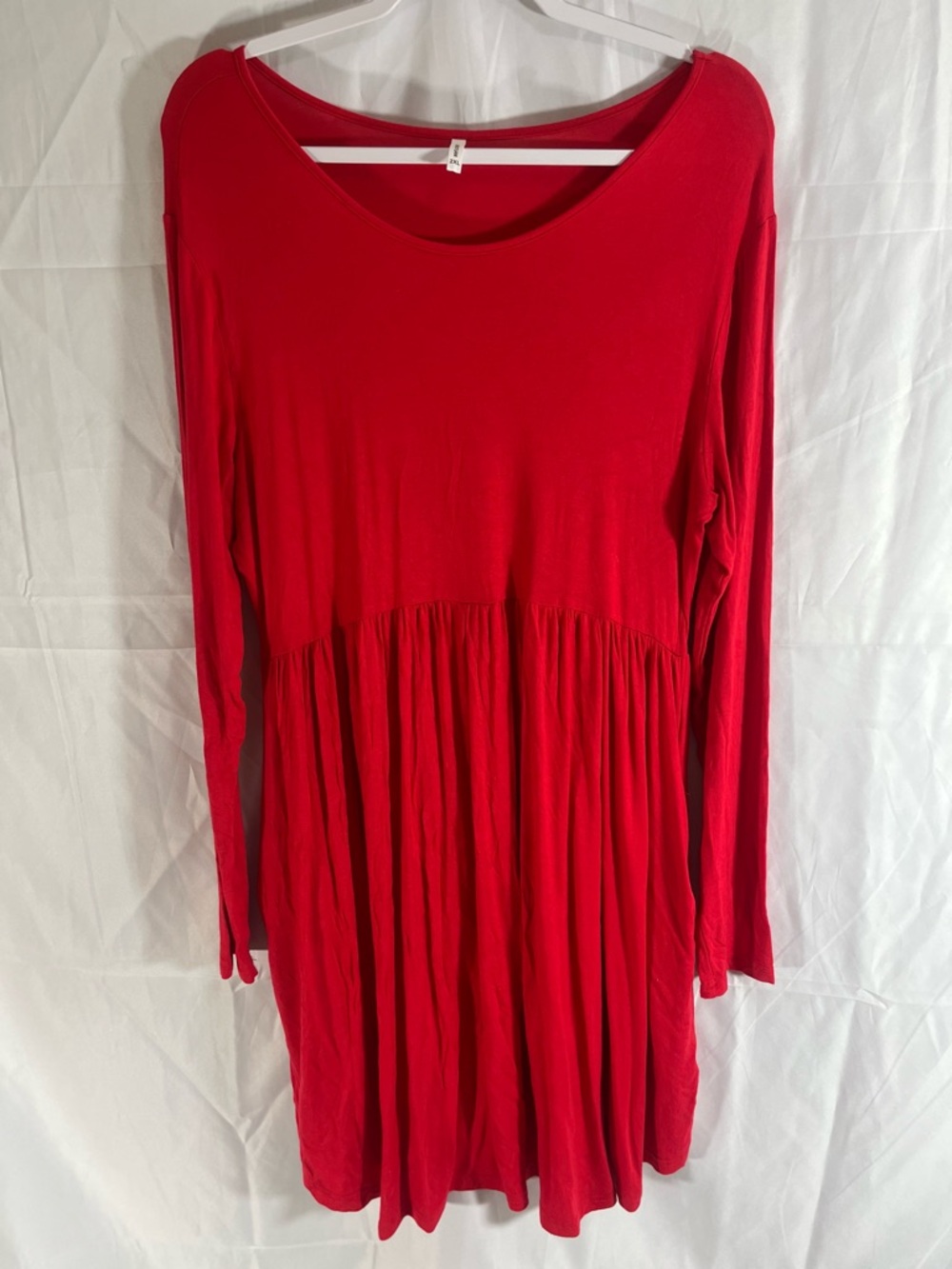 Relaxed Red Long-Sleeve Gathered Waist Dress